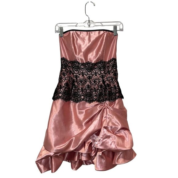 Vintage Jessica McClintock Y2K 80's 90's Pink Strapless Mini Dress Lace & Ruf - Picture 1 of 8